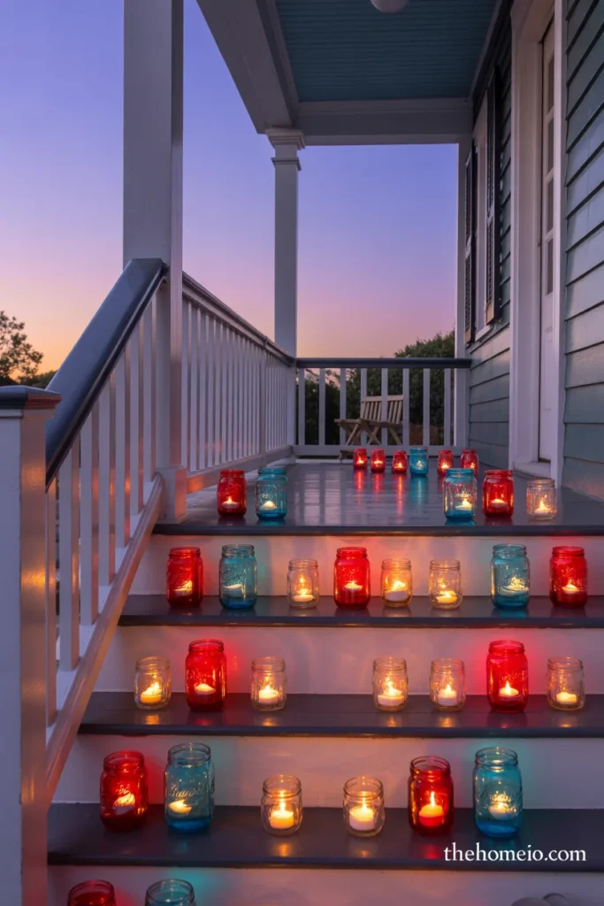 home front porch at dusk with patriotic mason jar luminaries in red clear and blue alternating along railing and steps with flickering tea lights