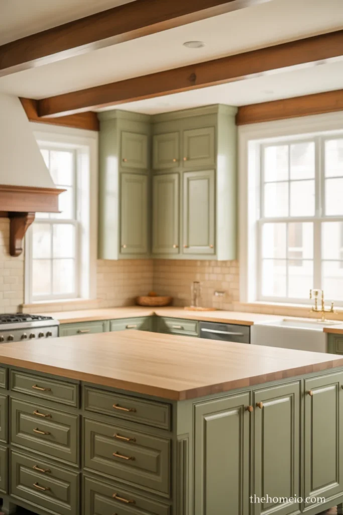 Kitchen with sage green cabinets, brass hardware, and light stone backsplash