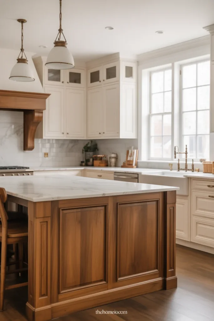 Modern rustic farmhouse kitchen with white cabinets and a stained wood island