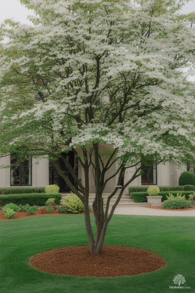 Front yard with a flowering dogwood planted with open mulch space around the roots