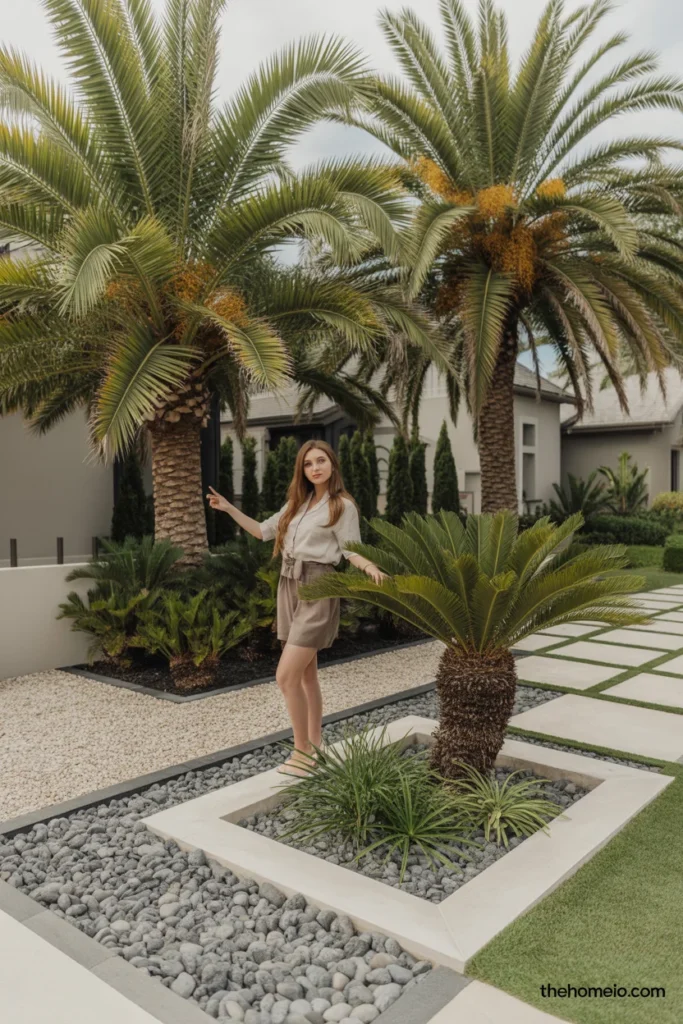 Front yard palm landscaping with pebbles, gravel, and stone edging