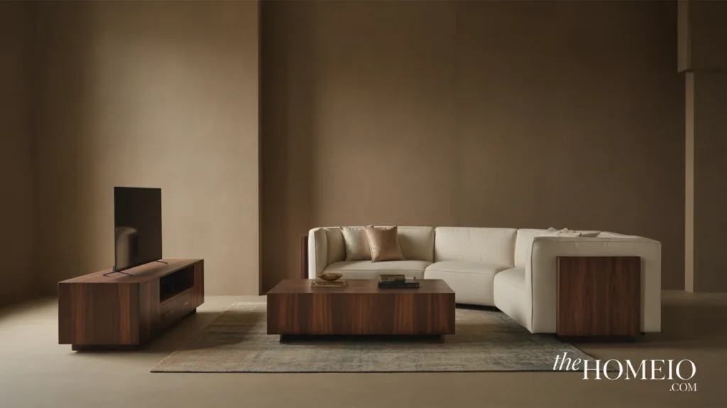 Modern moody neutral living room with dark walnut furniture and cream seating