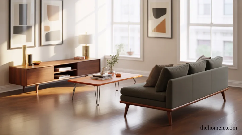 Small mid-century apartment living room with walnut furniture and warm wood tones