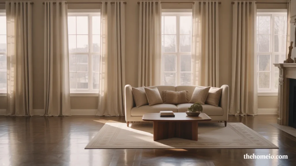Warm living room with full-length curtains and a soft finished look