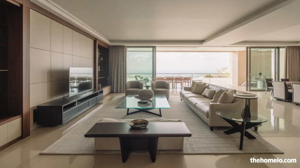 Contemporary living room with an open layout and clear walkways between furniture