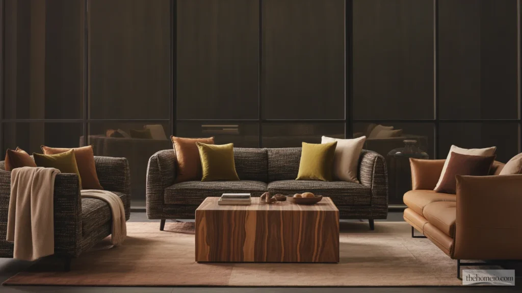 Modern moody living room in charcoal, mushroom, olive, and warm beige tones