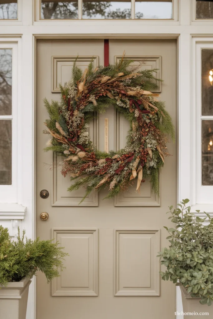 Large properly sized dried botanical wreath on American home front door filling two thirds of door width