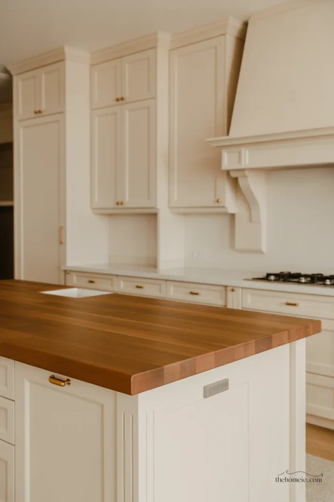 Warm white kitchen with butcher block island and brass hardware