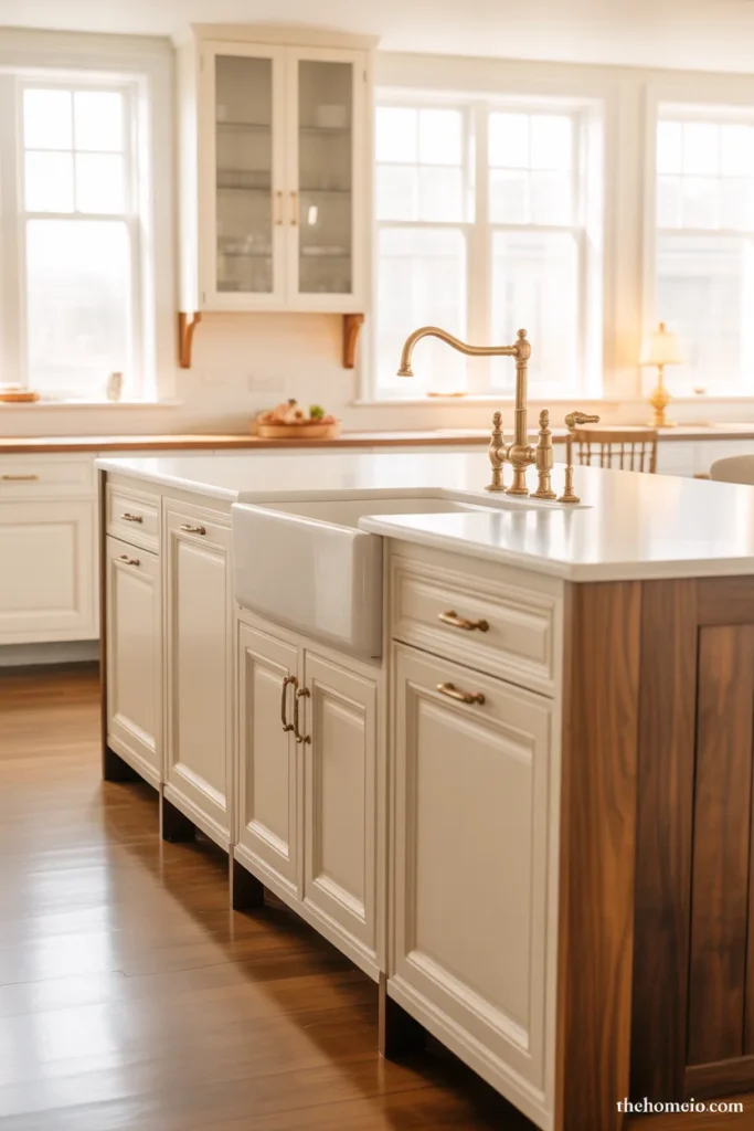 Farmhouse kitchen with cream cabinets and aged brass hardware