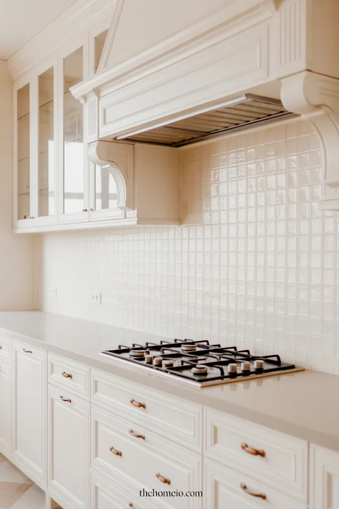 White kitchen with textured backsplash tile, white cabinets, and brass hardware