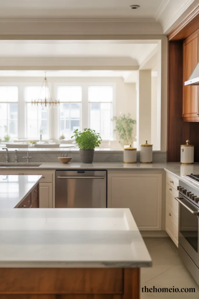 White kitchen with textured backsplash tile, white cabinets, and brass hardware