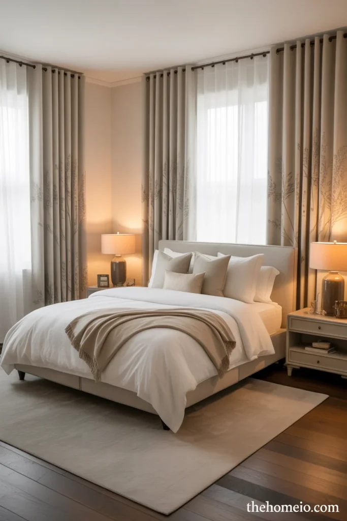 Bedroom with softly patterned curtains and neutral decor