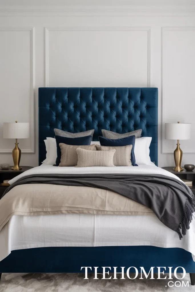 Bedroom with a statement headboard or accent wall as the focal point