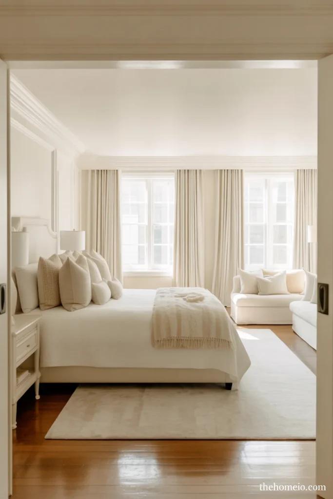 Elegant white bedroom with an upholstered headboard and soft layered bedding