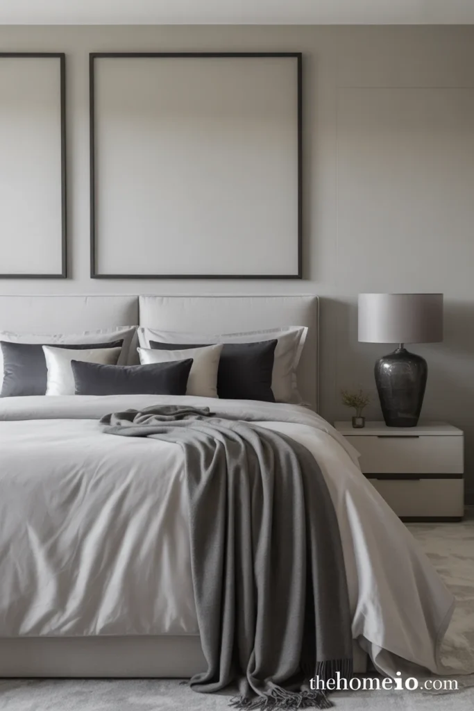 Grey bedroom with charcoal accent pillows, throw, and artwork