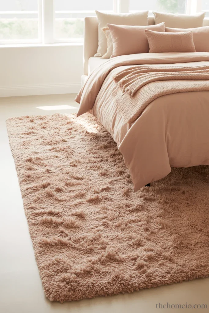 modern teen bedroom with large high pile shaggy area rug under bed extending on both sides and foot