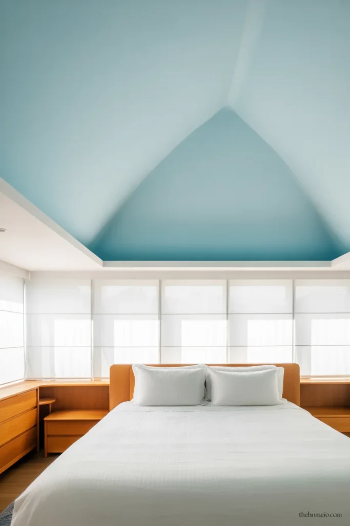 Modern bedroom with pale powder blue ceiling white walls white bedding and warm wood furniture canopy effect
