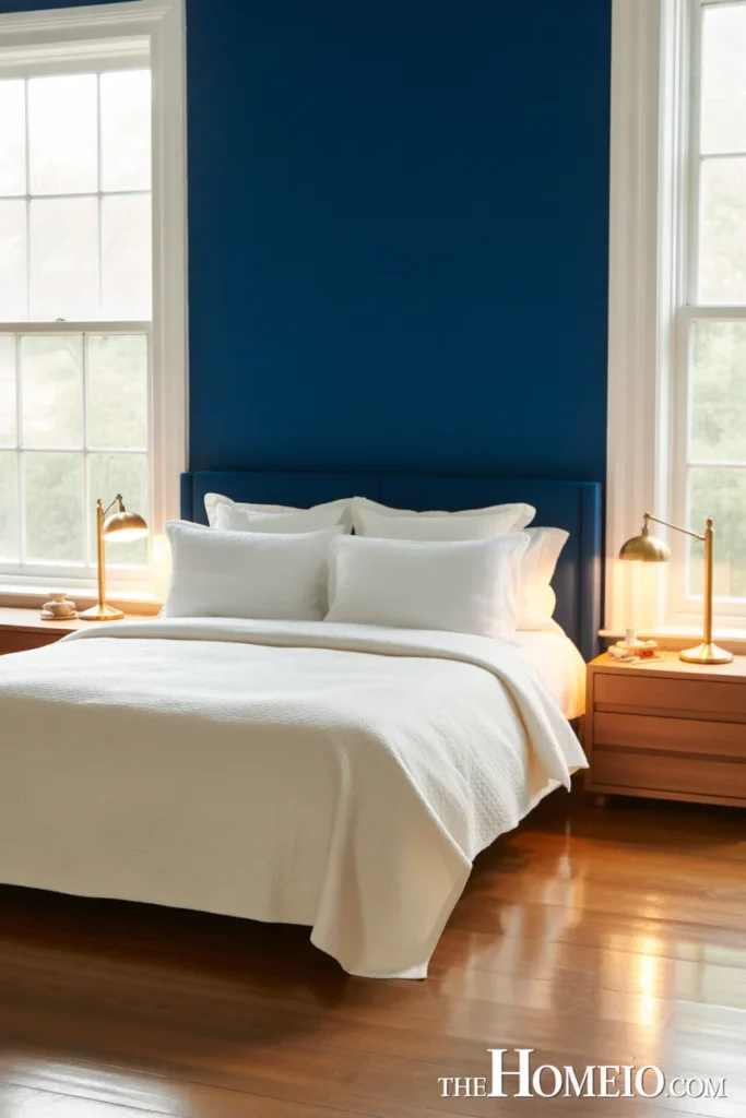 Sophisticated bedroom with deep navy blue accent wall white walls white bedding brass lamps and wood nightstands