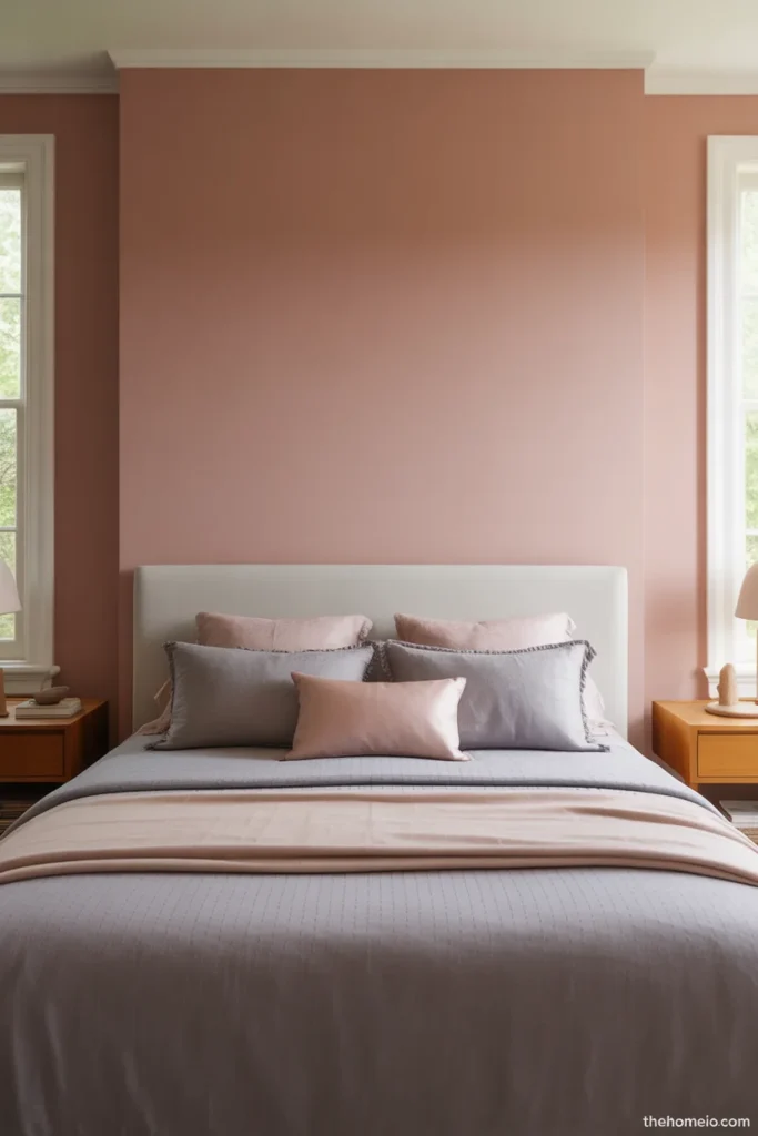 Modern balanced bedroom with dusty rose accent wall gray walls layered gray blush bedding and wood nightstands