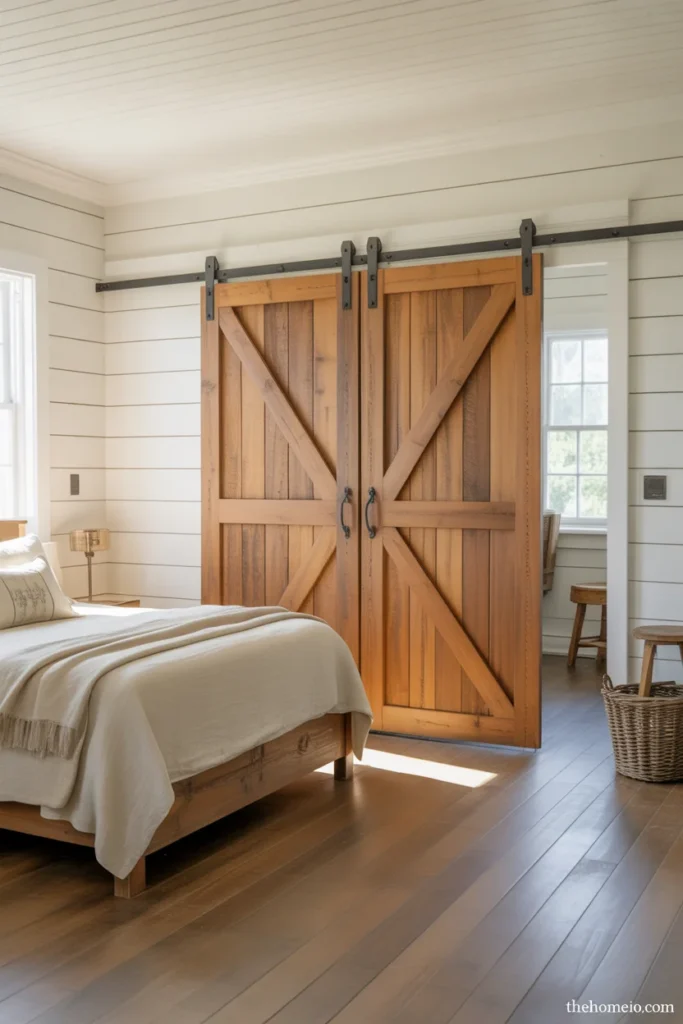 Farmhouse bedroom with sliding natural wood barn door black iron hardware white walls cream bedding and wood bed frame