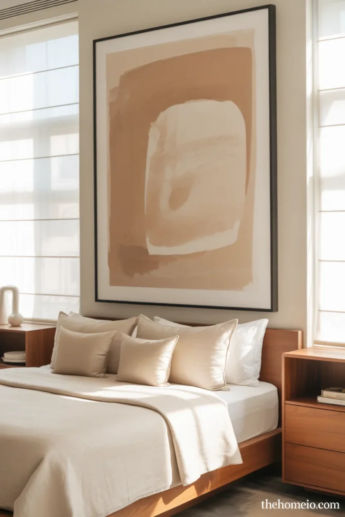 Clean modern bedroom with single oversized abstract art print in black float frame centered above bed and cream bedding
