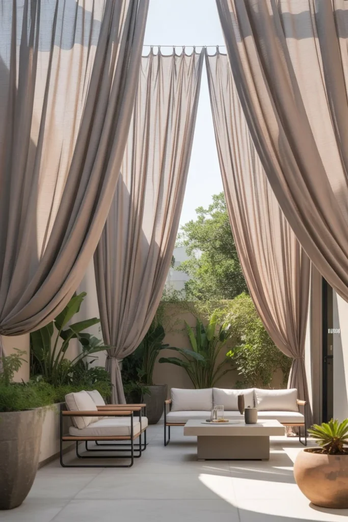 Tall floor-to-ceiling curtains on a spacious patio, modern outdoor furniture with neutral tones, large potted plants, soft natural daylight, dramatic yet cozy outdoor ambiance, realistic American backyard