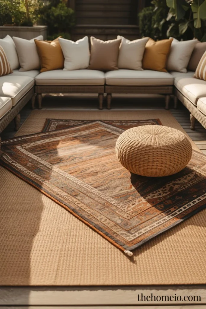 Styled patio with two layered outdoor rugs natural base and geometric pattern top rug under sectional sofa with pillows