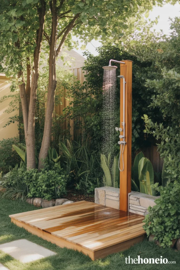 single freestanding teak shower post rain shower head duck board base and lush garden providing natural privacy