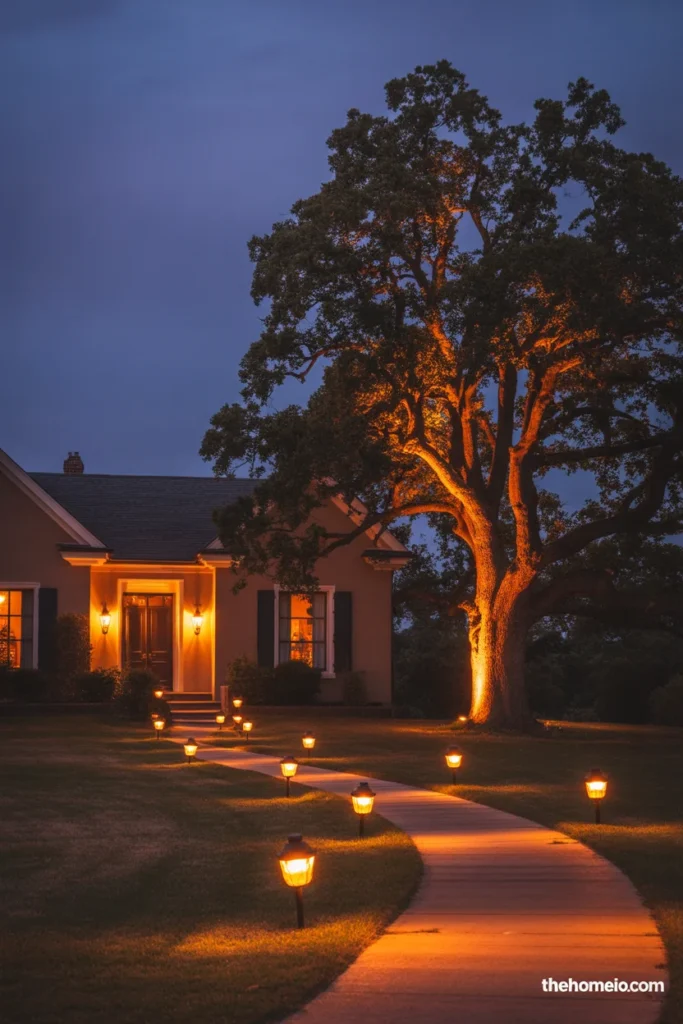 Front yard landscape lighting at dusk with path lights tree uplights and door lanterns glowing warmly