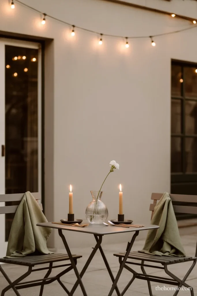 Charming, patio bistro table for two with bud vase white stem taper candles and sage green linen napkins