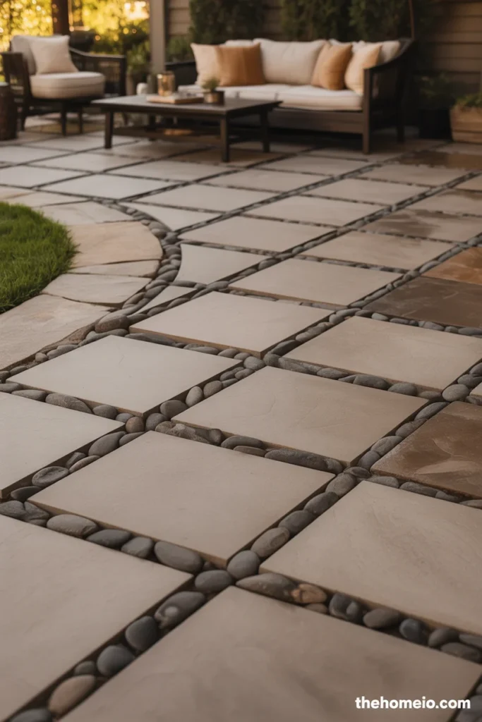 Sophisticated patio with mixed material pavers large gray concrete with river rock accent strips and flagstone border