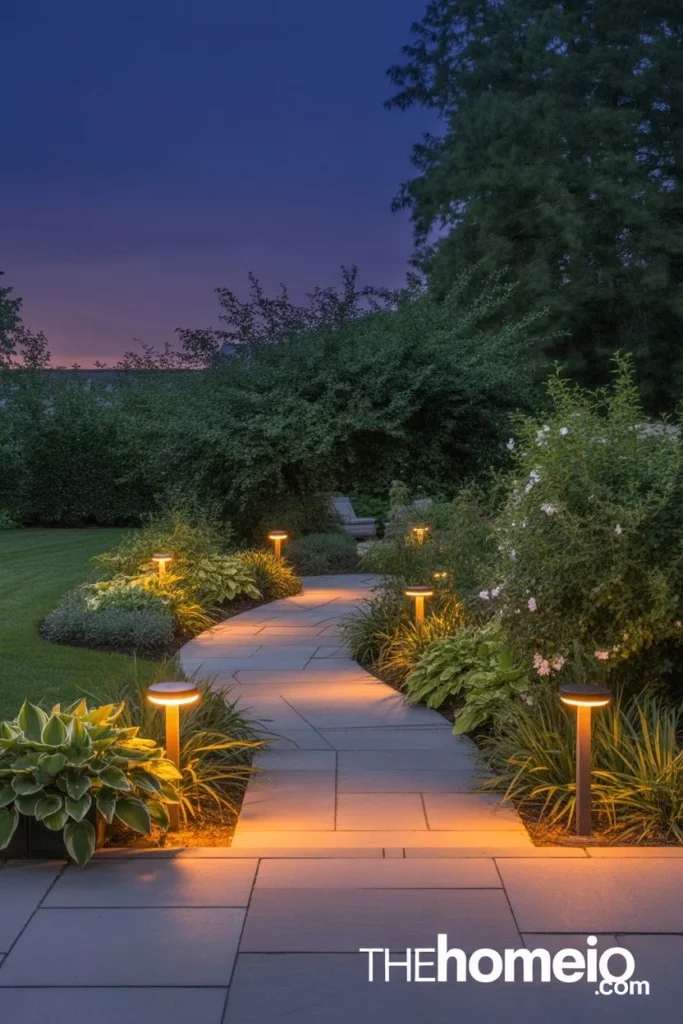 dusk with warm solar path lights spaced along stone walkway leading from patio to garden with lush planting on both sides