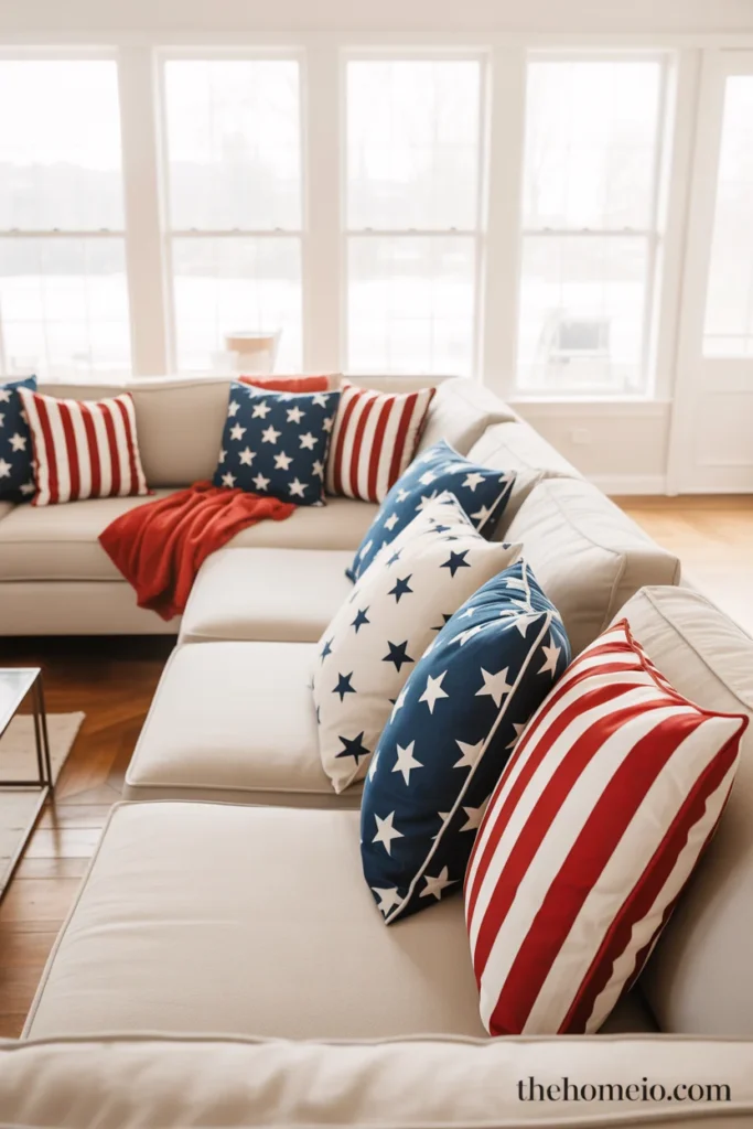 home living room sofa with mix of patriotic throw pillows in navy with white stars red white stripe and star print patterns