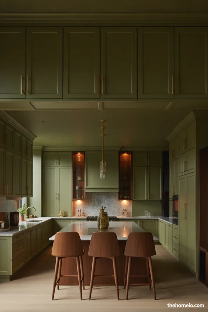 Kitchen with olive green cabinets, brass accents, and warm wood details