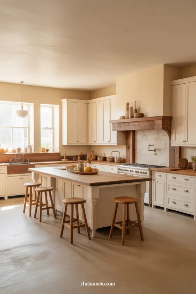Rustic kitchen in warm white, beige, and wood tones with a soft farmhouse palette