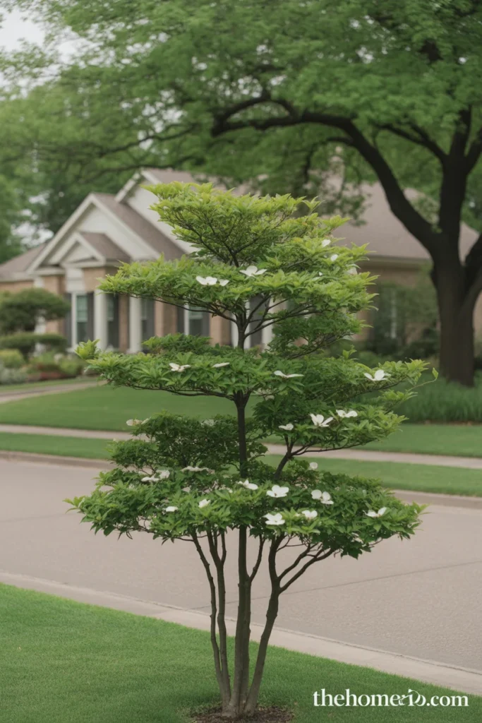 Front yard with a Kousa dogwood planted clear of the sidewalk