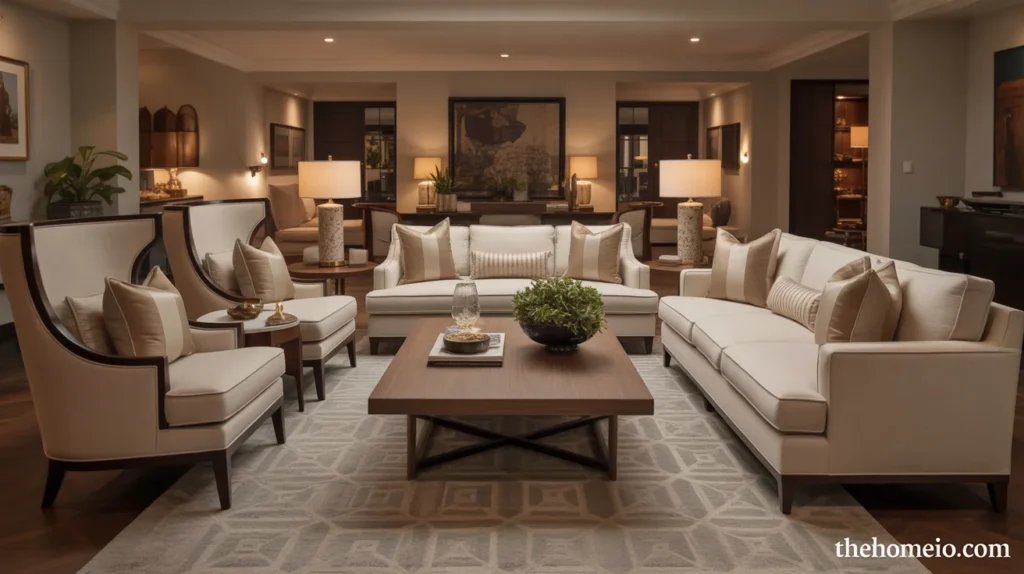 Mid century modern living room with a large geometric rug anchoring the seating area