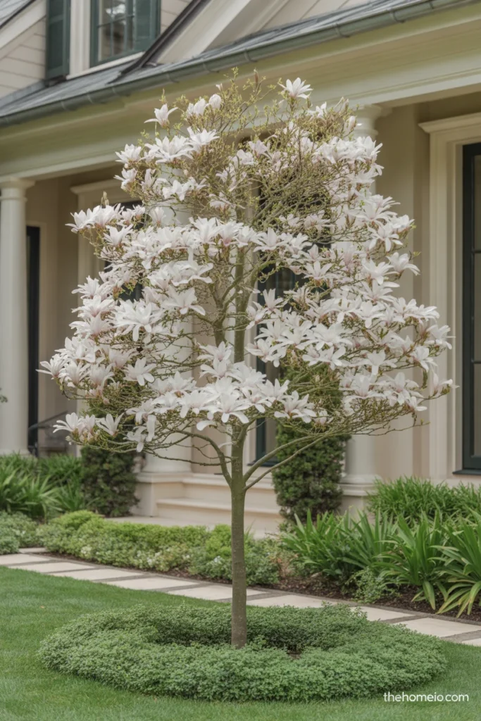 Front yard with a compact star magnolia near the porch in a small planting bed