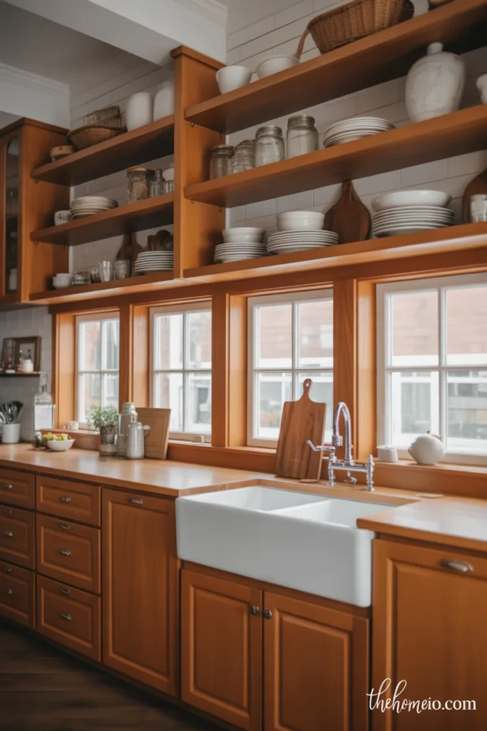 Warm farmhouse kitchen with open wood shelves styled with plates, bowls, and jars