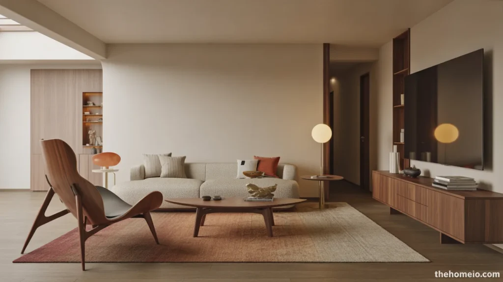 Mid century modern living room with a sculptural lounge chair and walnut console