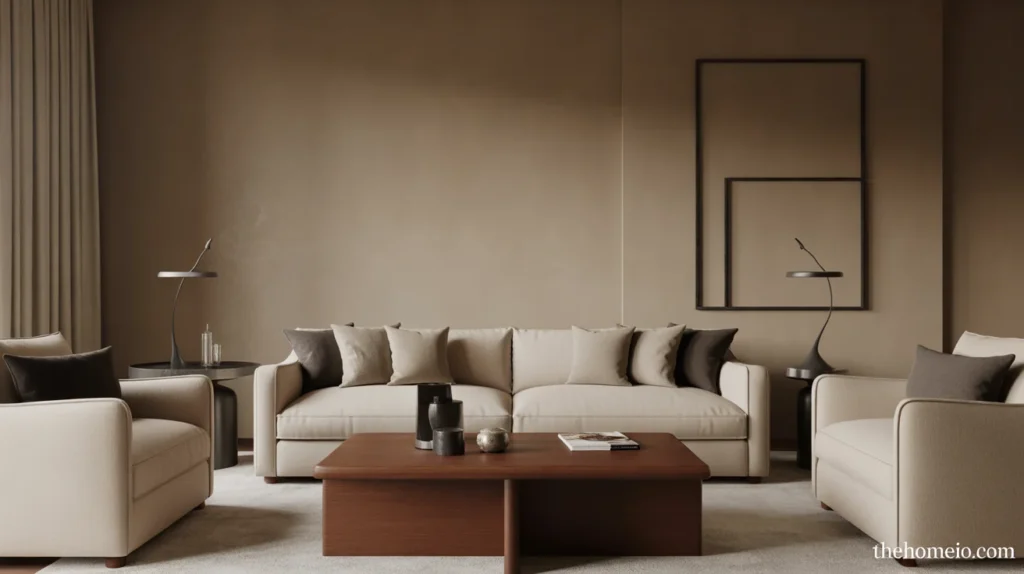 Moody neutral living room with soft matte black accents and warm taupe tones