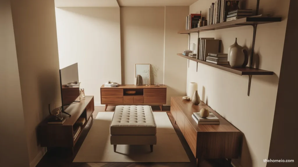 Small apartment living room with a storage ottoman and slim credenza