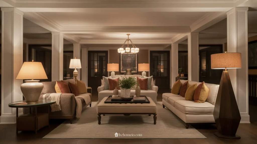 Cozy living room with an upholstered ottoman instead of a hard coffee table