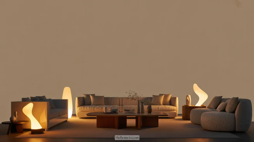 Modern living room with layered lighting from lamps and soft overhead glow