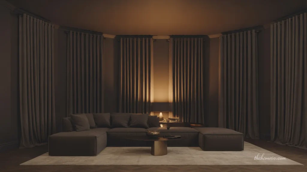 Moody living room with full-length heavy curtains and a finished dramatic look