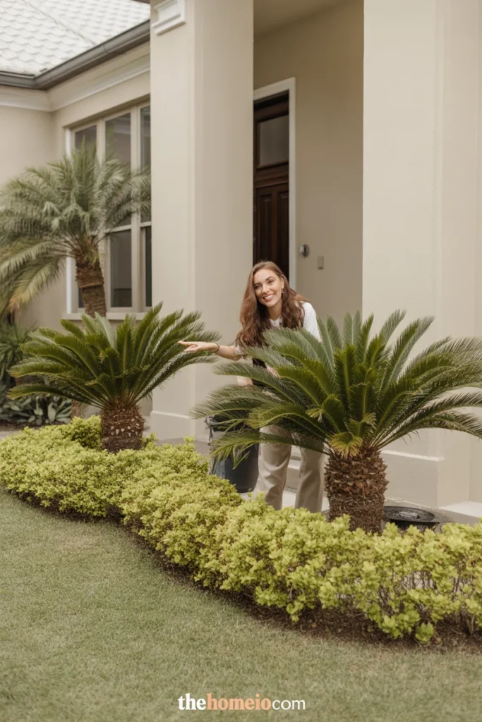 Compact palms planted in neat foundation beds near the front of the house