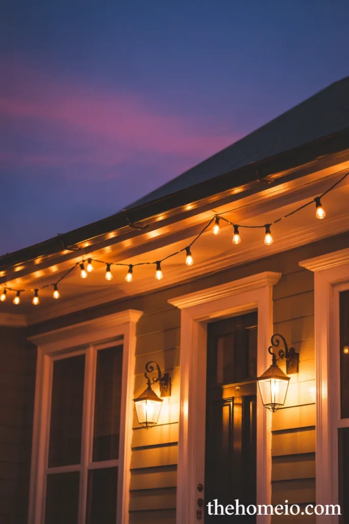American home front porch at dusk with glowing wall mounted lanterns and warm Edison string lights overhead
