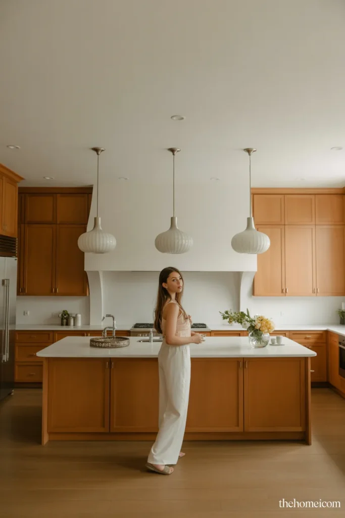Kitchen island framed by pendant lights and simple centerpiece decor