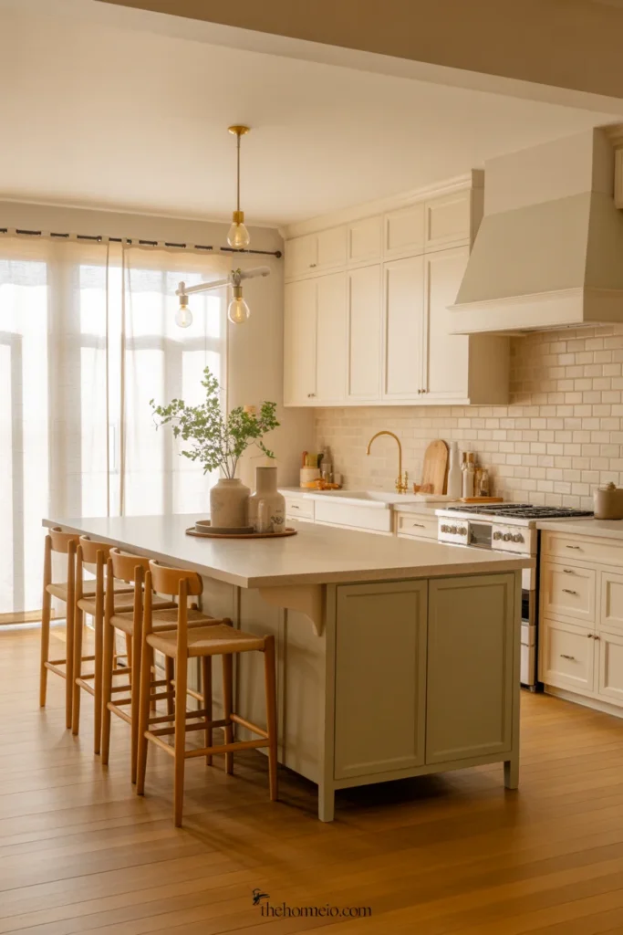 Modern farmhouse kitchen in warm white, beige, taupe, and muted green tones