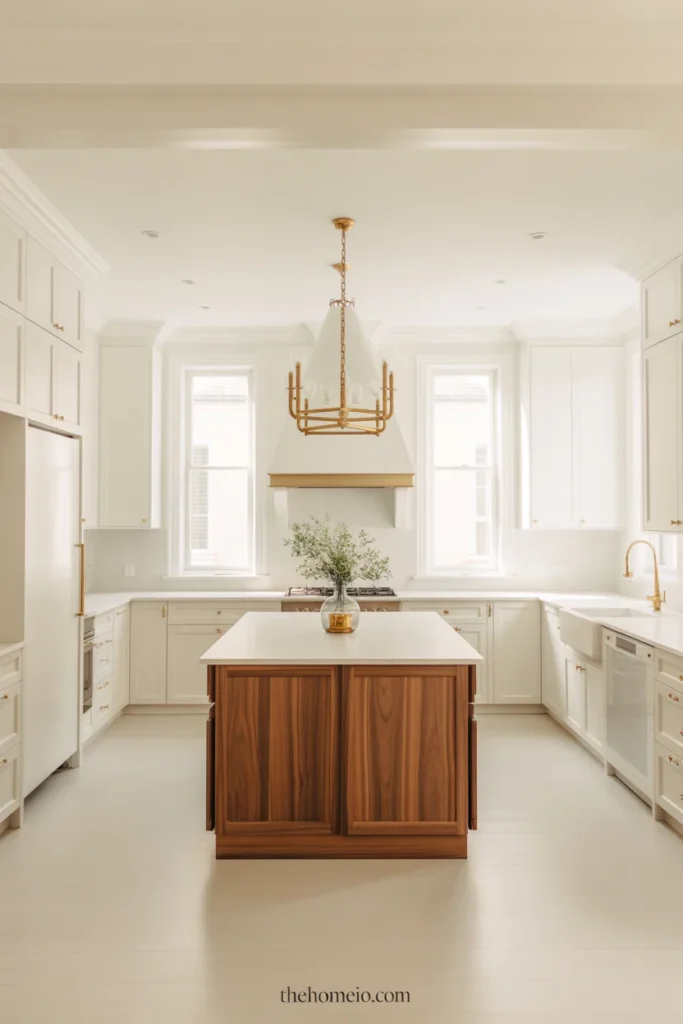 White kitchen with a warm wood island and bright perimeter cabinets